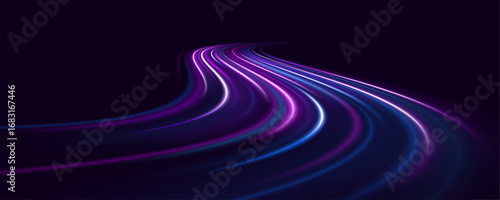 Powerful night expressway with abstract twirling lines and flowing liquid waves. Cool neon background with bright light, dynamic energy, and sparkling modern vector design.