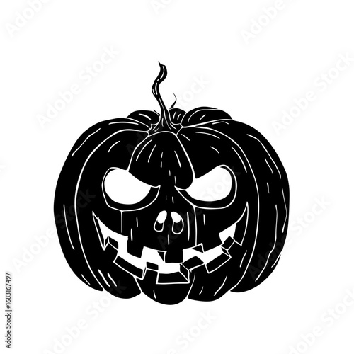 A black and white illustration of a carved Halloween pumpkin with a spooky, grinning face and a twisted stem.