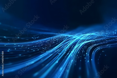 Abstract blue background with glowing light waves and lines, representing fast digital data transfer in the network of internet technology. 
