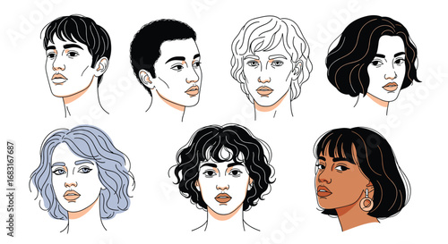 Diverse modern portraits showcasing various hairstyles and expressions, perfect for beauty and lifestyle.