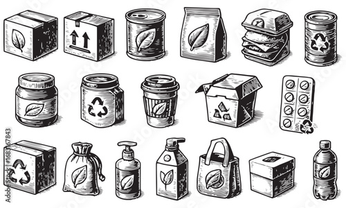 Eco-Friendly Packaging and Recyclable Products Illustration Set