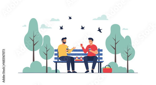 Two men enjoying a relaxing picnic lunch together on a park bench surrounded by trees and birds.