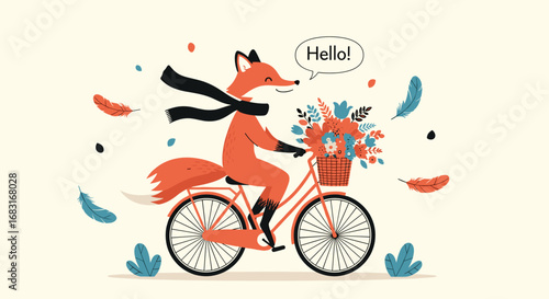 Charming fox cyclist with flower basket shares a cheerful 'Hello!' amidst whimsical falling feathers