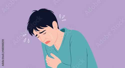 Distressed man clutches chest in pain, conveying emotional struggle and suffering