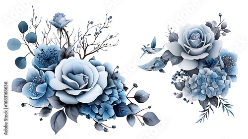 A romantic and delicate collection of dusty blue flowers and eucalyptus branches, ed in soft watercolor tones and framed with elegant vector borders, showcasing hand-painted roses and hydrangeas.