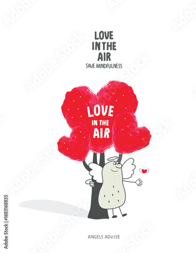Vector hand drawn cartoon sketch of big tree of love and Angel with heart. Angels adviсe us to pay attention to the fact that everything around us is permeated with love.Thinking positive.