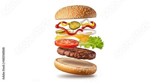 A Deliciously Detailed Burger Exploding in a Creative Compositio