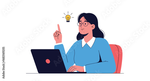 Smart businesswoman with brilliant idea at her laptop, pointing up with inspiration glowing