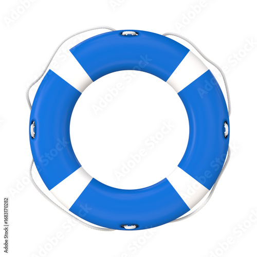 A close-up image of a blue and white life ring for water safety.