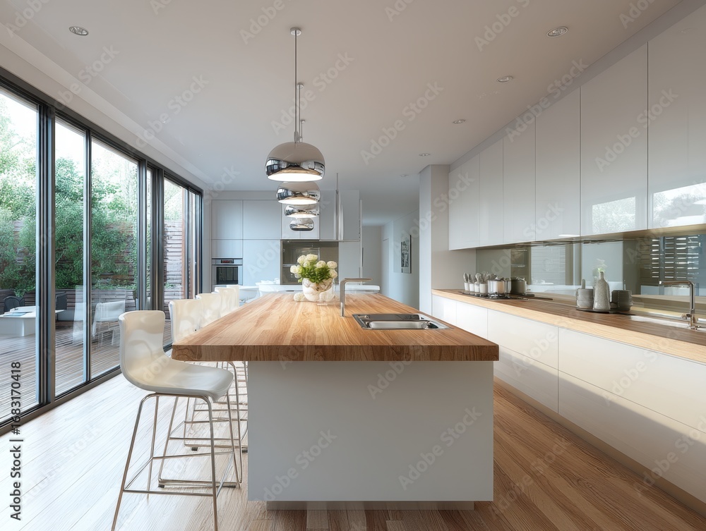Obraz premium A kitchen with a wooden counter top and a large island