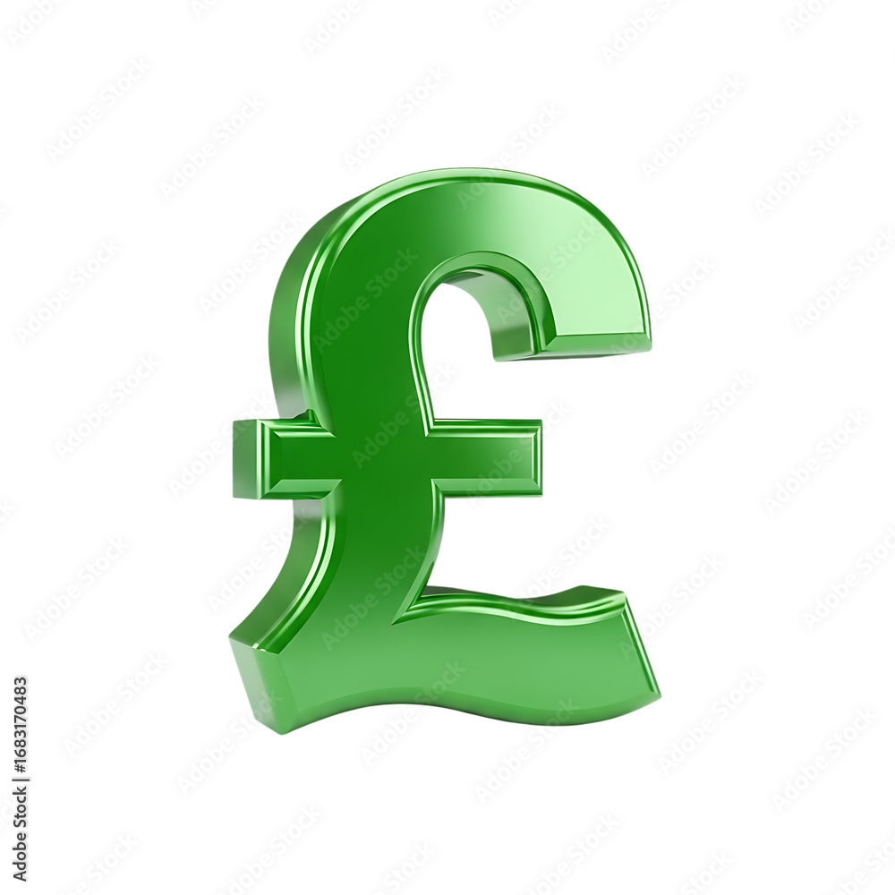 Fototapeta premium A shiny, green, three-dimensional pound symbol isolated against a white background.