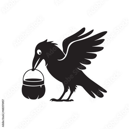 Black Crow Bird with a Halloween Jack-o'-Lantern Pumpkin Pail Vector Illustration