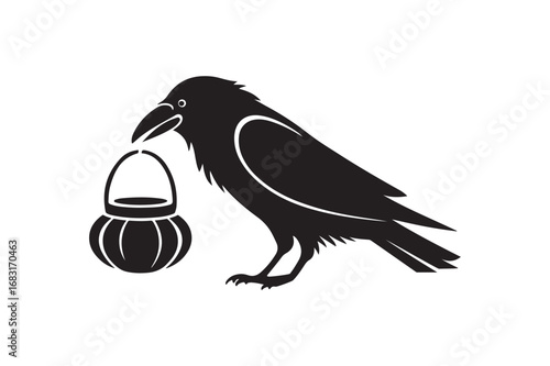 Black Crow Bird with a Halloween Jack-o'-Lantern Pumpkin Pail Vector Illustration