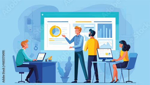 Business team collaborating on a data analysis presentation in a modern office