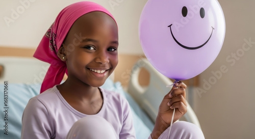 Young african kid showing positivity while holding a balloon in a hospital providing hope and support concept.