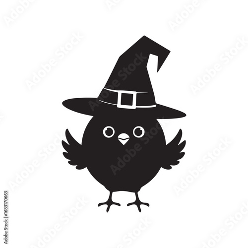 Cute Little Baby Chick Dressed Up as a Halloween Witch Silhouette Vector Illustration