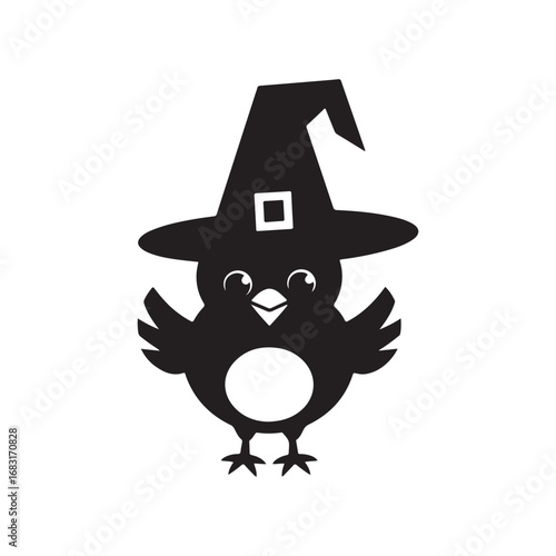 Cute Little Baby Chick Dressed Up as a Halloween Witch Silhouette Vector Illustration