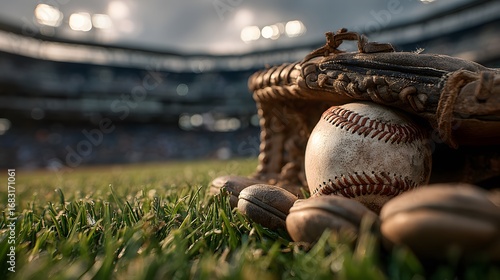Worn leather baseball glove with a baseball rests on the manicured grass of a major league field, with stadium lights blurred in the background.