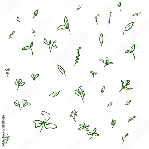 seamless background leaves and twigs scattered on a white background, creating a simple and natural aesthetic