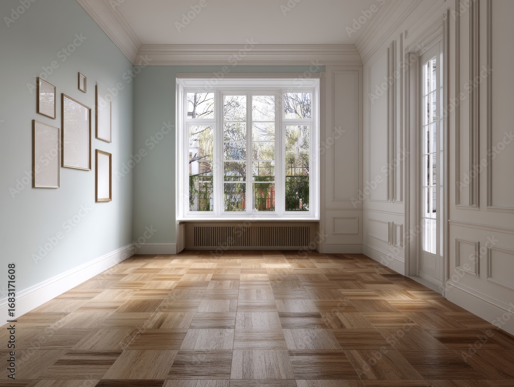 Obraz premium A large room with a white wall and wooden floors