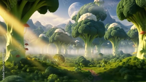 Surreal Broccoli Forest Landscape Mushrooms, Sunbeams, and Mountains