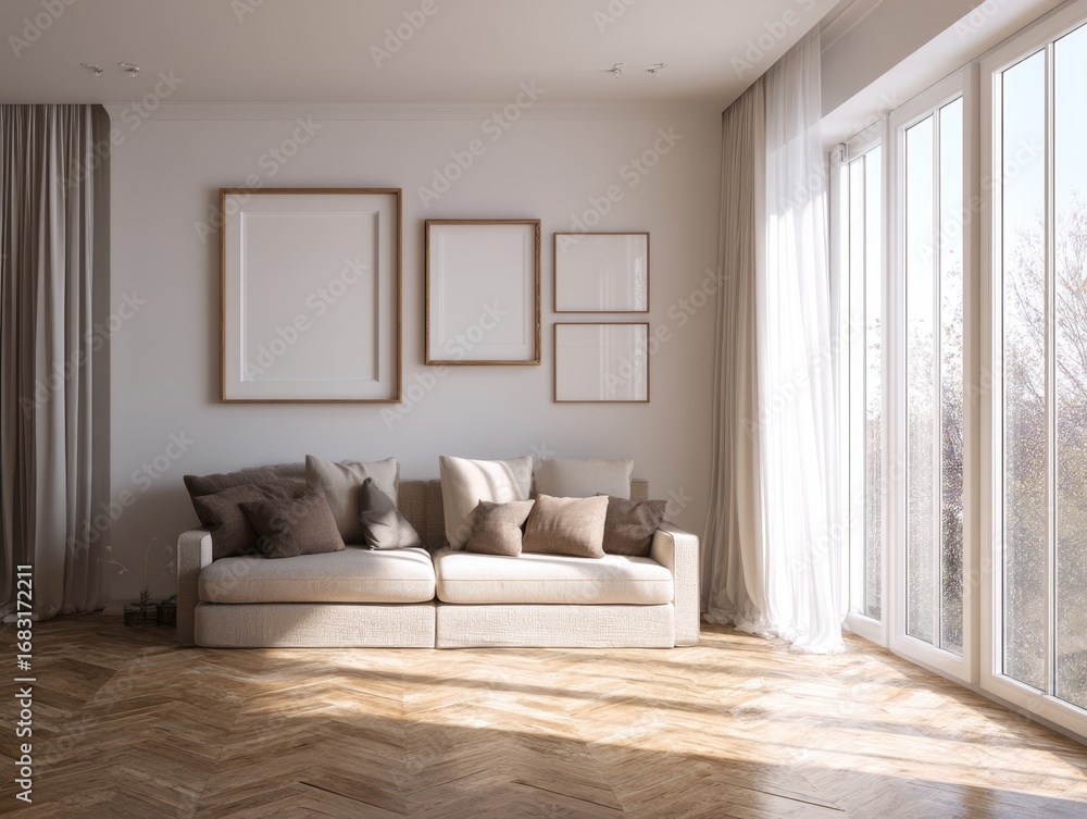 Fototapeta premium A living room with a white couch and a white wall