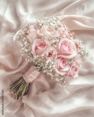 Roses babys breath wedding bouquet wrapped in silk ribbon romantic floral still life