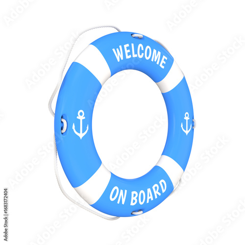 Blue life preserver with welcome and on board text.