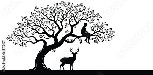 Black silhouette of tree with person sitting on branch and deer below, peaceful nature scene in minimalist vector forest design