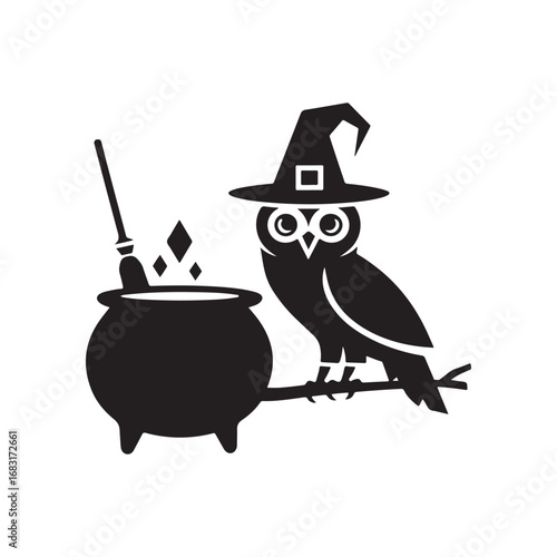 Cute Witch Owl with Cauldron and Broomstick Halloween Silhouette