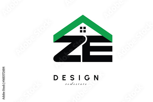 ZE Letter Logo – Green Roof House Monogram for Real Estate & Home Branding