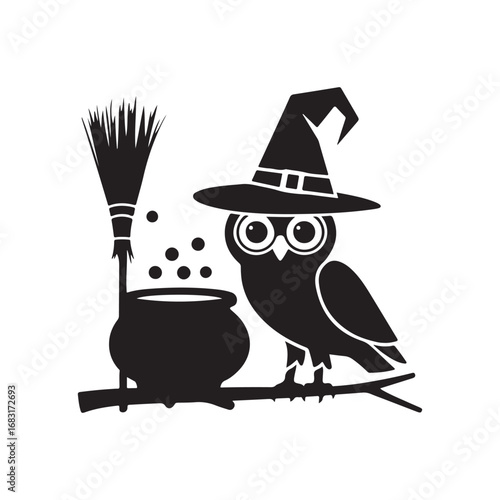Cute Witch Owl with Cauldron and Broomstick Halloween Silhouette