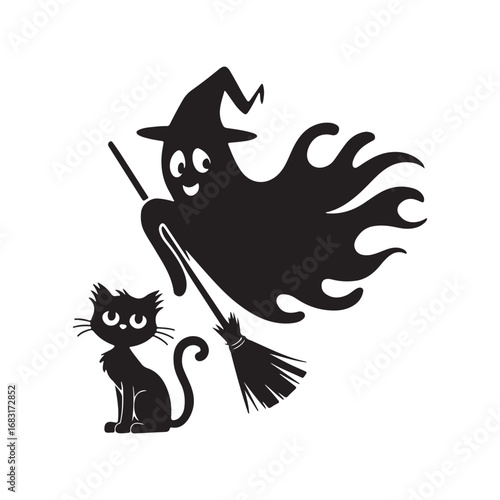  Ghost Witch on a Broomstick with a Black Cat Halloween Silhouette