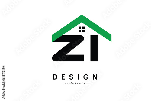 ZI Letter Logo – Green Roof House Monogram for Real Estate & Home Branding