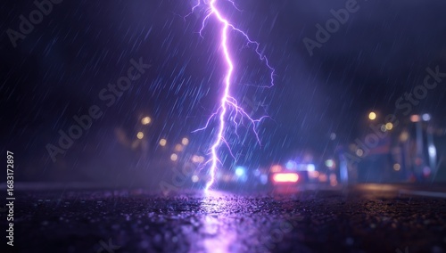 Lightning strikes in a rainy city
