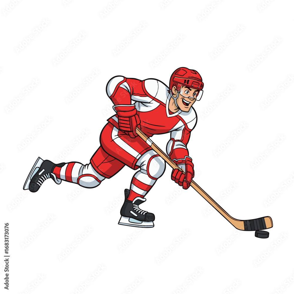 Obraz premium Energetic cartoon ice hockey player character skating with a stick and puck. A dynamic vector illustration of an athlete in action