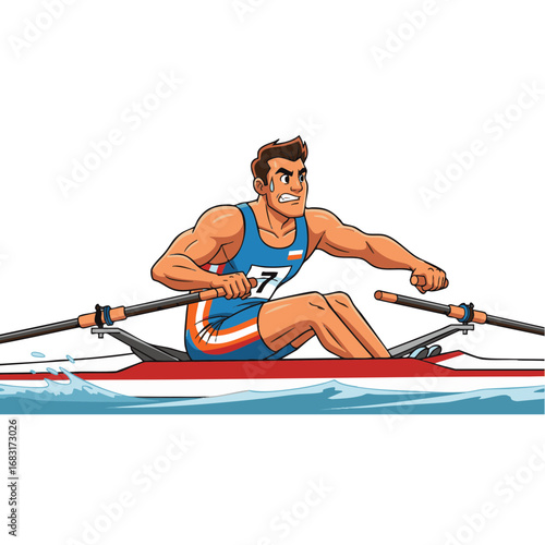 Muscular male rower intensely competing in a sculling race, vector illustration of a powerful sportsman on the water