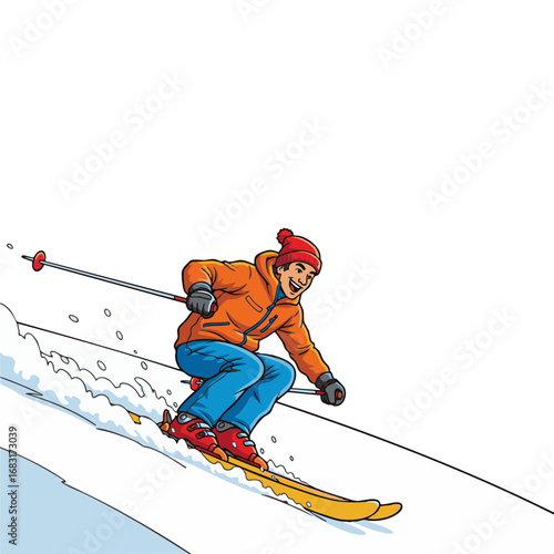 Illustration of a cheerful skier gliding down a snowy slope on a bright day, enjoying winter sports