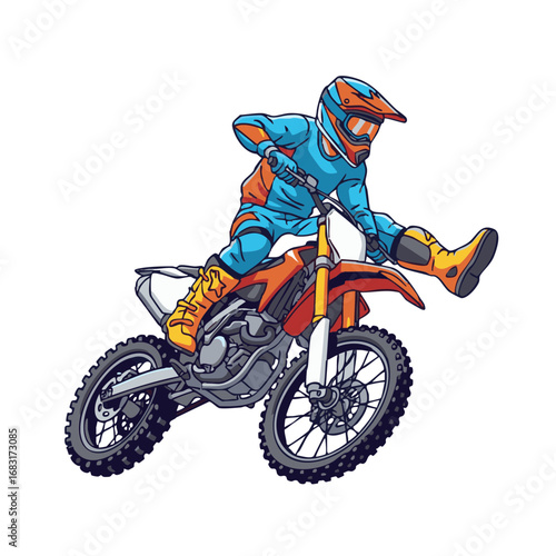 Adrenaline-fueled motocross racer executing a mid-air jump, dynamic vector illustration of an extreme sports athlete on an off-road motorcycle