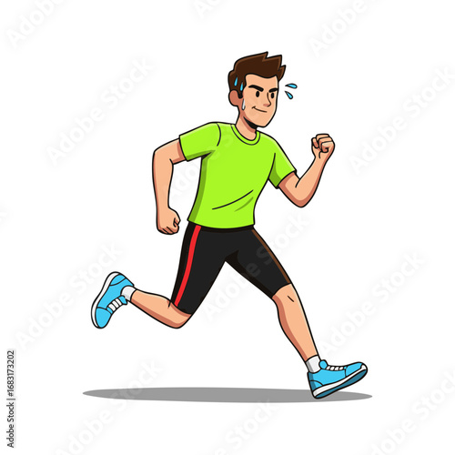 Cartoon illustration of a sweaty young man running in sportswear. Male character jogging for cardio exercise and fitness to maintain a healthy lifestyle
