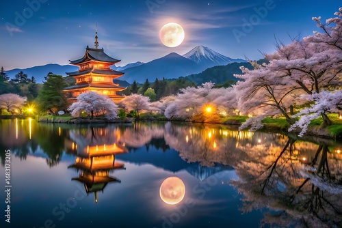 Magical japanese night scene with full moon pagoda cherry blossoms and mount fuji reflection
