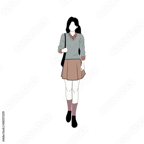 Minimalist illustration of a young woman in a casual outfit, wearing a light grey sweater over a collared shirt, paired with a brown pleated skirt, long socks, and ankle boots.
