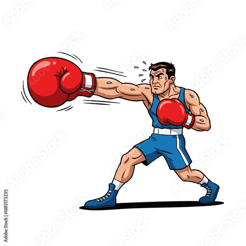 Vector illustration of a powerful male boxer throwing a strong punch. Dynamic cartoon athlete in a fighting stance, isolated on a white background