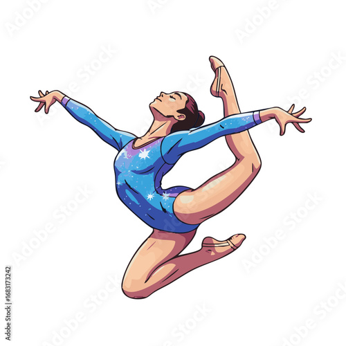 Young female athlete performing a graceful and flexible leap in artistic gymnastics, isolated illustration