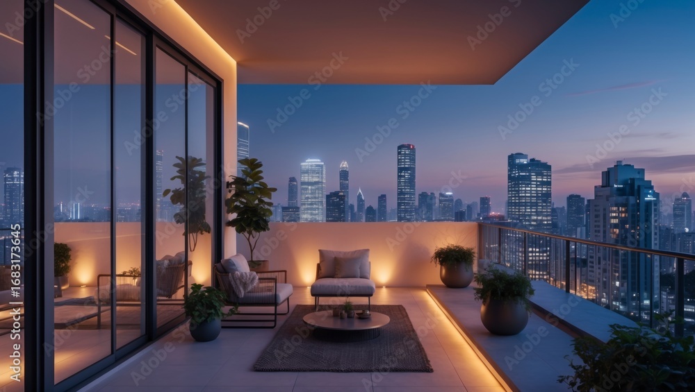 Obraz premium Modern minimalist balcony offers a serene urban retreat with warm lighting, against the backdrop of a city skyline at dusk for high fidelity.