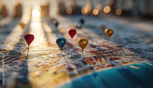 Map pins marking locations on a city map, sunlit