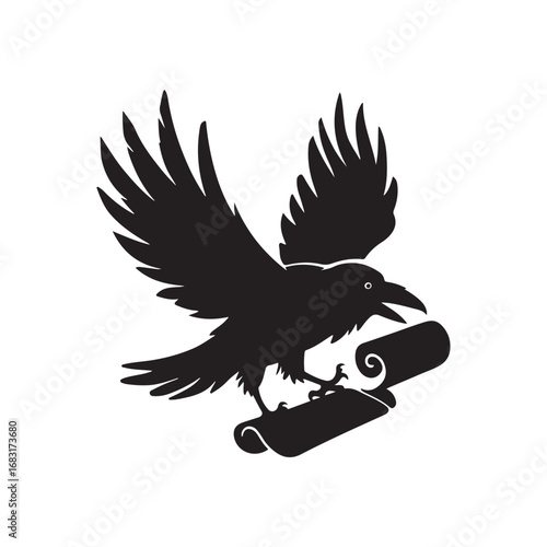 Flying Black Raven Crow Holding a Paper Scroll Silhouette