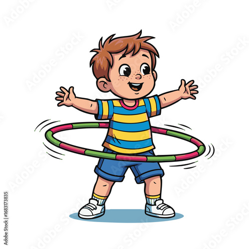 Happy cartoon boy joyfully spinning a colorful hula hoop around his waist, an illustration of a child's active play and healthy exercise