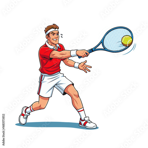 Dynamic cartoon illustration of a male tennis player in sportswear hitting a powerful forehand stroke with his racket on an isolated background