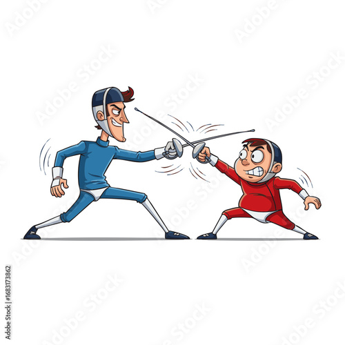 Cartoon fencers in a duel, an adult instructor teaching a determined young boy the art of sword fighting in a friendly sports match